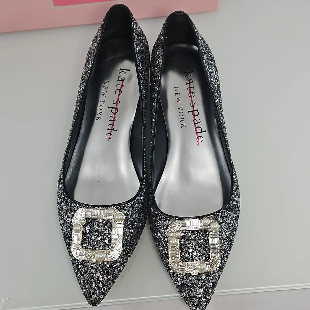 Kate Spade Silver Buckle Up Glitter Flats Size 38.5 - Picture 10 of 15